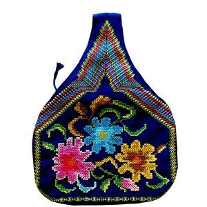 Vintage 1970s Navy Blue Fabric Floral Cross-Stitch wrist clutch Handbag